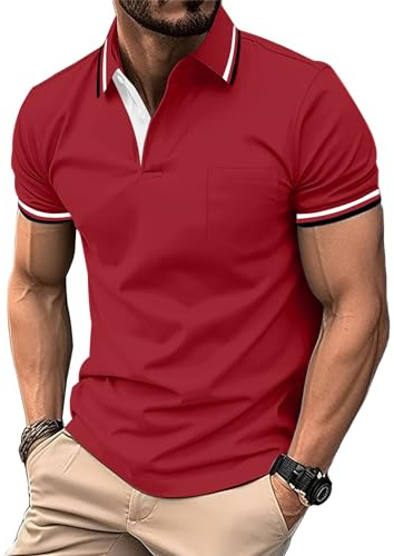 zitysport Polo Uomo Camicia a Maniche Corte Camicia da Golf Traspirante Uomo Camicie estive Sport Basic Slim Fit Tshirt con Tasca sul Petto Polo Shirt(Rosso M)