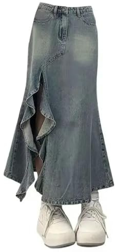HHNNL Gonna di Jeans Gonna in Denim Luminosa A Bordo Arruffato retrò Summer Waist Slingming Mid Long Long Girle della Splitta per Donne-Blu A-S