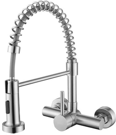 Tondiy Grifo Cocina de Pared Flexible con Ducha de 2 Modo, Grifería de Fregadero Giratorio a 360​°, Mezclador Resorte de Acero Inoxidable 304, Aireador Extraíble, Alta Presión