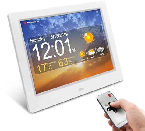 BDJSN Reloj WiFi De 8 Pulgadas, 9 Modos De Visualización del Pronóstico del Tiempo, Estación Meteorológica Inteligente con Control Remoto, 5 Despertadores, con Pantalla De Temperatura Y Humedad
