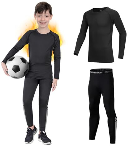 Kids Base Layer - Fleece Lined Athletic football skins, Warm Football Skins Long Sleeve Top and Leggings Compression Set, Reflective Line Thermal Underwear for Biking, Ski & Running(Black,30)