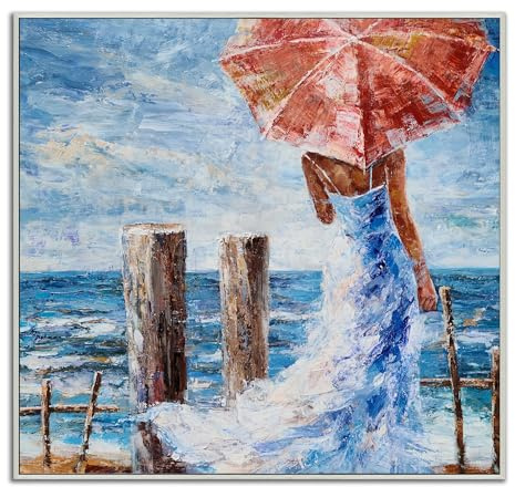 NdcSkyArt Coastal Canvas Wall Art - Beautiful Lady with Red Umbrella and Seawaves Beach Painting