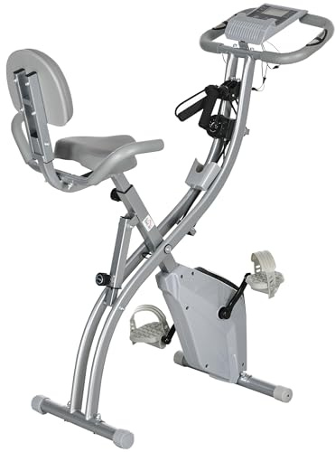 HOMCOM Vélo d'Appartement Pliable 4-en-1 - Ergomètre Magnétique Silencieux avec Cordes de Résistance - Sport Maison et Cardio-training avec Roulettes, Selle Confort et LCD (Max 120kg), Gris Argenté