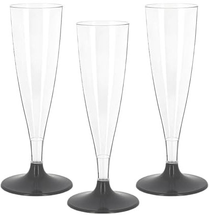 Perla - 48 Flute Plastica - Calici Plastica Rigida 120ml - Bicchieri da Champagne Trasparenti - Calice Lavabile e Riutilizzabile per Feste Matrimoni e Compleanni (Gambo Nero)