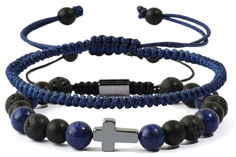 Kreuz Kommunion Perlen Armbänder Geschenke für Teenager Jungen, christliche Taufe Lapis Lazuli Armbänder Geschenke für Enkel Sohn Bruder Cousin