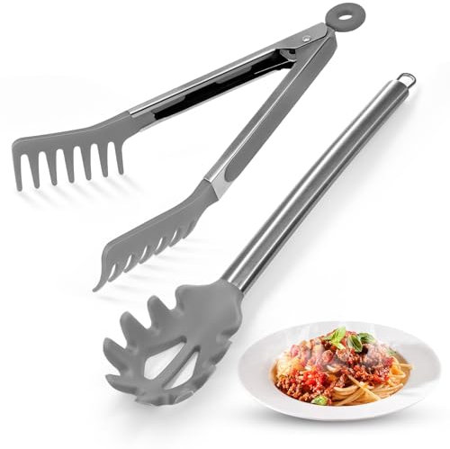 2 cucharas de espaguetis y pinzas para pasta, tenedor de silicona antiadherente de 13 pulgadas y mango de acero inoxidable de 9.8 pulgadas, clip de comida para fideos espaguetis