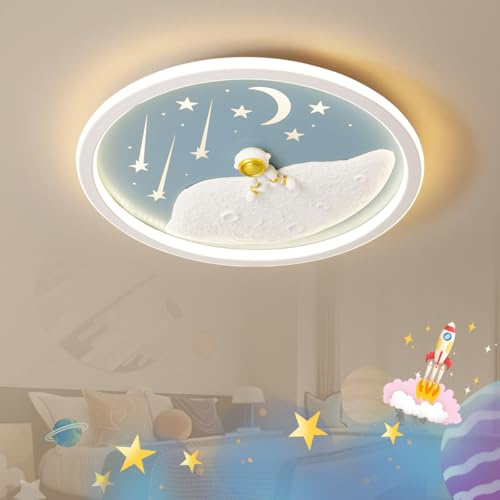 LED Kinder Deckenlampe, Astronaut Mond Deckenleuchte Dimmbar Mit Fernbedienung, Schlafzimmer Decke Kindergarten Beleuchtung Junge Mädchen Kinder Lampen Decke Kinderzimmer Schlafzimmer Lampe, 50cm Blau