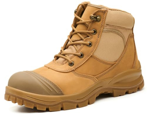 Epochsaga Herr stålhätta säkerhetsstövlar för arbetsstövlar med lätta halkfria säkerhetsstövlar, Tan Ankle High, 41.5 EU