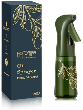 hoforife Botella pulverizadora de aceite de oliva de vidrio de 7 onzas para cocinar, botellas dispensadoras de aceite con control de porciones para cocina (verde oscuro, bloqueo de luz)