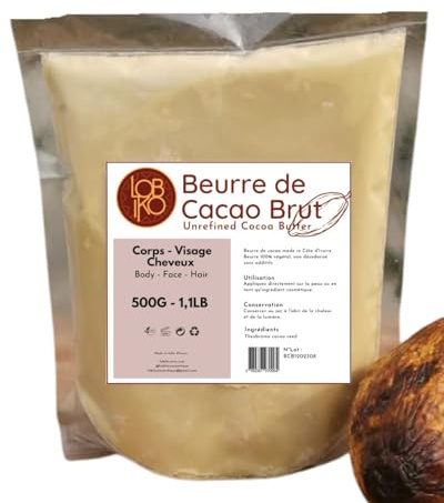 500g Beurre de cacao brut, pur, 100% naturel, non raffiné - De Côte d'Ivoire - Non OGM - Riche en Antioxydants et Acides Essentiels Sans Additifs - Cheveux Corps - Anti Rides - Relaxation - Massage