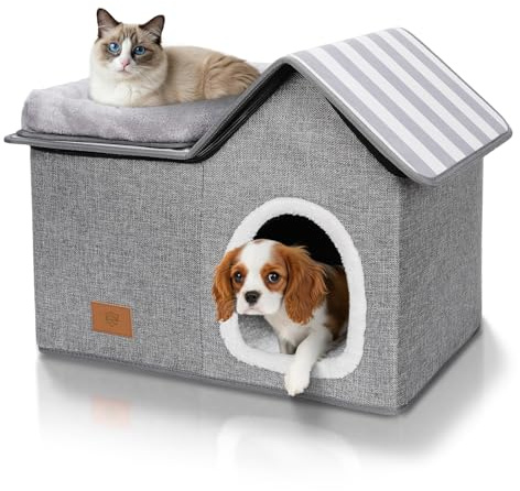 Eukue Katzenhaus, Warm Katzenhöhle Outdoor, Abnehmbar Hundehütte mit Waschbarem Kissen und Plattform, Katzenhöhle für Draußen, Katzenhaus Höhle für Kleine und Mittlere Haustiere, Grau