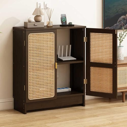 HARELA WiFi Router Storage Rattan Cabinet Hidden Box, Floor Freestanding Cabinets Organizer, Power Strip and Cable Management Hider Organizer for Home and Office(Dark brown,70x50x25cm)