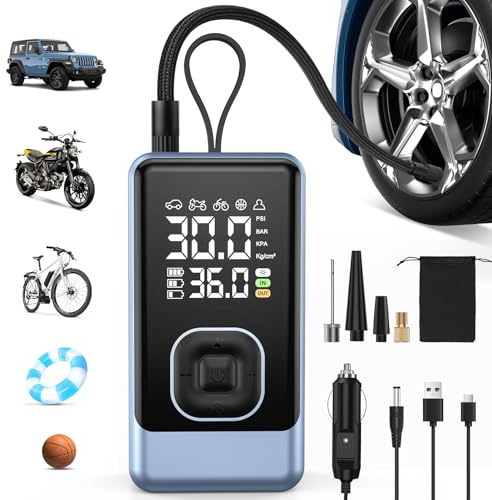 Gonfleur Pneus Voiture Électrique – Compresseur à Air Portatif 6000mAh avec 4 Modes Prédéfinis/Double Écran Affichage Pression en Temps Réel/Fonction Power Bank | 45L/Min Gonflage Rapide