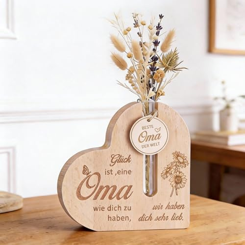 Geiserailie Geburtstagsgeschenk Muttertagsgeschenk für Beste Oma Personalisiertes Holz Herzvase mit Gravur zu Weihnachten für Schwiegermutter Uroma Großeltern