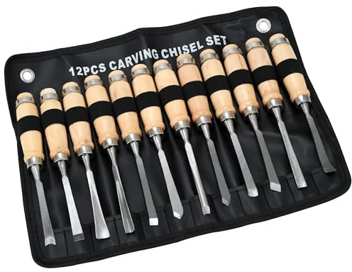 12 Pieces Wood Chisel Set,Wood Chisels for Woodworking with Steel Hammer End, Professional Wood Gouge Turning Tools for Craftsman Carpenter Beginners, for Precision Carving & DIY Projects