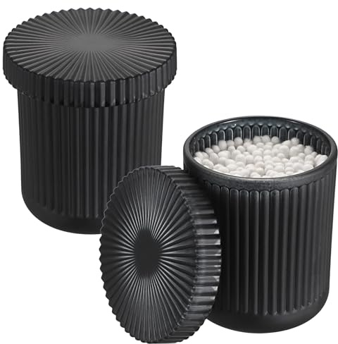 OLegei Glass Cotton Ball and Swab Holder Organizer, Set of 2 Bathroom Glass Storage Jars with Lid, Q-tips Floss Dispenser, Vanity Makeup Accessories Storage Jar, Apothecary Storage Canister (Black)