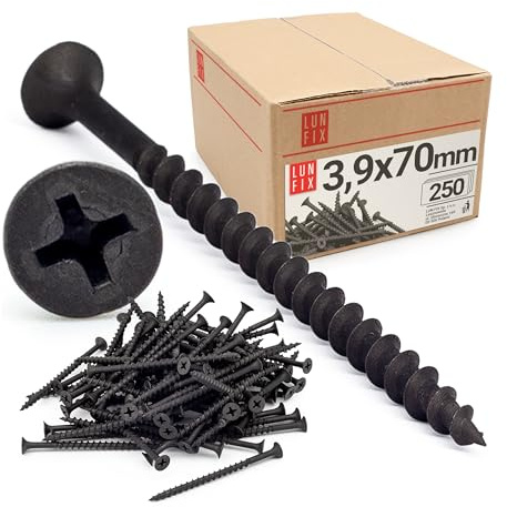 Lun Fix Lot de 250 vis pour cloison sèche - 4 x 70 mm - Avec filetage grossier - Noir - Pour plaques de plâtre, plaques de plâtre, plaques de plâtre, vis rapides