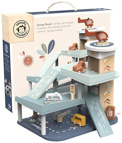 SPEEDY MONKEY Wooden Garage Playset for Kids 36m+ | Imagivative Roleplay Multi-Level Parking Garage Toy with Ramp, Car Track, Elevator, 3 Mini Cars & Helicopter | Pretend Play Set for Boys & Girls