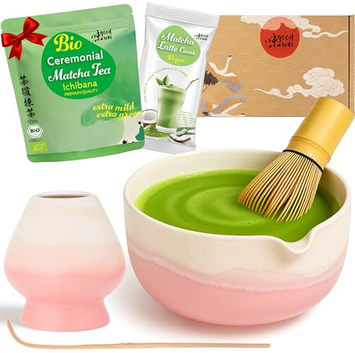 Goodwei Matcha Latte Set med Skål, Bambuvisp, Visphållare, Sked och Ekologiskt Matchapulver – Te Ceremoni Set för Matcha Latte & Japansk Te (Fuji Pink)