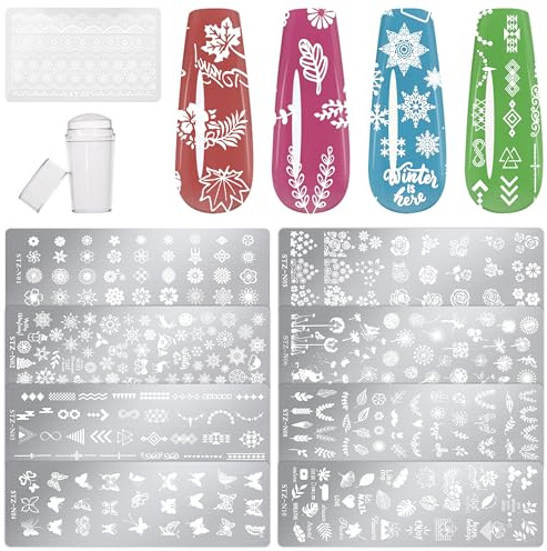 Plantillas de Manicura Nail Art Stamping 8 Piezas Placas de Stamping con Sello de Silicona y Rascador Patrones Animales Flores para Decoración de Uñas