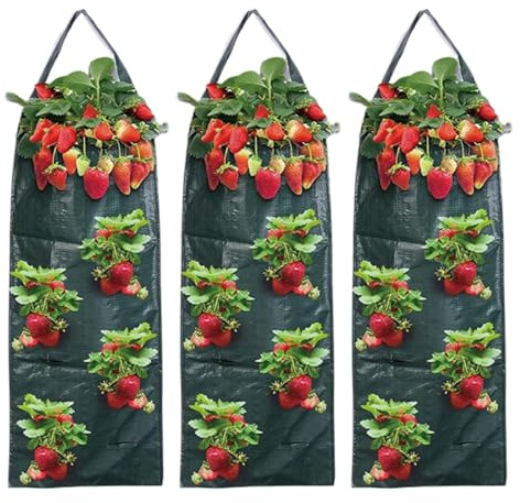 MmotZsb 3er Pack Erdbeerturm, Pflanztaschen Hängend Für Stadtbalkone, Hängend Erdbeeren Pflanztaschen, Pflanzenturm Mit 8 Löchern, Pflanzsäcke Mit Griffen Für Mehrjährige Kräutergärten