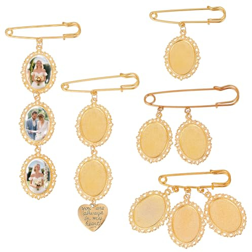 UNICRAFTALE 5Pcs 5 Styles Wedding Bouquet Photo Charm Oval Memorial Locket Pin Golden Picture Pendant Each Holds 1-3 Pictures with Heart Charm for Bridal Flowers Wedding Party Tray 25x18mm
