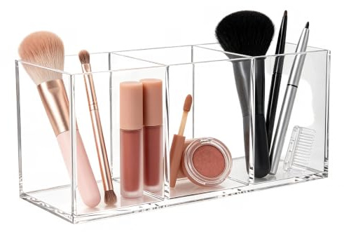 Lunaanda Organizador Maquillaje Acrílico, Porta Brochas Maquillaje con 3 Compartimentos, Caja Cosméticos para Brochas, Lápiz Labial y Delineador, Organizador para Tocador Baño Escritorio