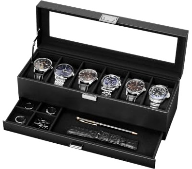 Lolalet 6-Slot Watch Case for Men, Mens Jewelry Box with Glass Lid -Black