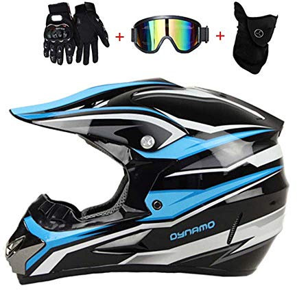 LEENP Motocross-Helm, Herren Damen Crosshelm mit Brillen Maske Handschuhe, Schwarz Blau Motorrad-Helm Off-Road Downhill-Enduro-Helm-ATV-MTB-BMX Dirt Bikes Quad Motorräder Full-Face Schutz-Helm,A,M