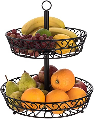LIVIVO Stylish 2 Tier Fruit & Vegetable Basket Swirl Design Bowl Rack- Keeps The Fruits Vegetables Fresh & Organised – Perfect for Holding Snacks Cupcakes Organiser Display Centrepiece (Matt Black)