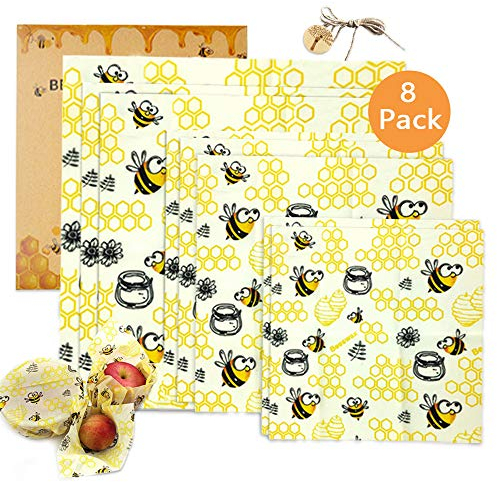TOPSEAS Involucri di Cera d'api, Set di 8 Beeswax Wrap,Involucri di Cera D'Api Riutilizzabile,Impacchi di Cotone Biologico e stoccaggio Alimenti Variety Pack Formaggi,Frutta,Verdure