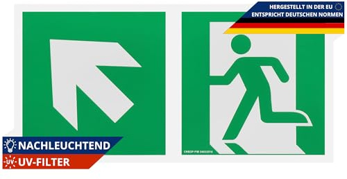 notlok Safety Work Notausgangsschild nachleuchtend 15x30 cm, PVC klebend | DIN EN ISO 7010, DIN 67510, Schaumstoffklebeband, Fluchtwegschilder Nachleuchtend, Notausgangsschild Pfeil links oben