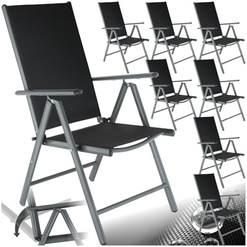 tectake® Aluminium Gartenstuhl 8er Set, Klappstuhl mit 7-Fach Verstellbarer Rückenlehne, wetterfest, Camping Stuhl mit Armlehnen, für Garten Terrasse Balkon, Gartenmöbel Set mit 8 Stühlen - anthrazit
