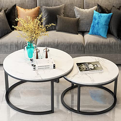 YNITJH Runder Couchtisch Satztische,Beistelltische Moderne Metall Kaffeetische Satz Tisch Wohnzimmer Einfache Montage 2er Set - L80x B 80xH45 cm (groß) & L60x B60x H33CM (klein),Schwarz+weiß