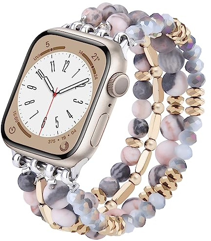 VISOOM Beaded Bracelet Compatible with Apple Watch Band 40mm/38mm/41mm Series 7 SE Series 6/5/4 for Women, Elastic Watch Band for iWatch Series 3/2/1, 38mm/40mm/41mm, Agate
