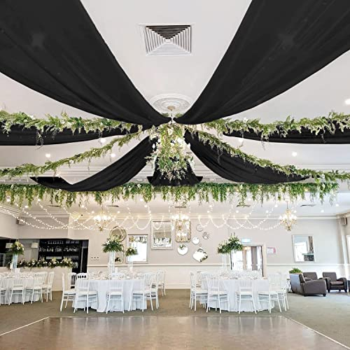 ROMANKAS Tende da soffitto in chiffon nero, 6 pannelli, 15 x 10 m, extra lunghe, per arco di matrimonio, in chiffon, per soffitto, in tulle, sfondo, tende, decorazioni per tende da doccia da sposa