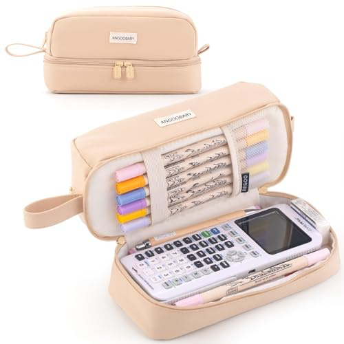 ANGOOBABY Großes Federmäppchen aus Segeltuch mit 2 Fächern für Mädchen, Jungen, Teenager, Schule, Studenten, Erwachsene, Khaki