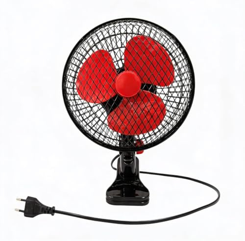 GROWMANIA Ventilator, oszillierend, 2 Geschwindigkeiten, 20 cm, 20 W, Leistung, elektrischer Ventilator, schwarz, mit 3 roten Flügeln, leise, 360 Grad