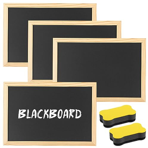 IXYHKB 4 Pezzi Lavagna Nera da Gesso con Cornice in Legno, Lavagna Gesso con 2 Gomma in Spugna, Set di Lavagne Piccole, Lavagne in Ardesia Formato A4 per Bambini, Buffet, Matrimonio, Festa, Scuola