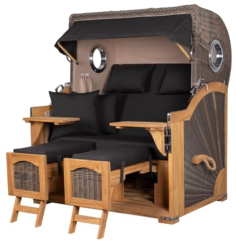 bene living Strandkorb Ammersee Grande XL Teak Bullauge - PE grau - Modell 548-2,5-Sitzer inkl. Liftersystem