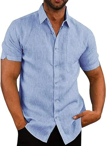 Friptspyg Hommes Chemise Lin Coton Manches Courtes Coupe Regular Casual Chemise de Plage Regular Fit Chemises L'été avec Poche, Bleu Ciel XL