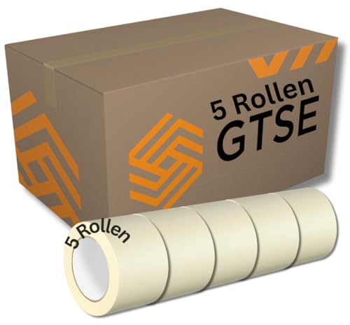 GTSE - Cinta adhesiva ancha - 75 mm x 50 m - 5 rollos - Crepe de pintor para proteger la superficie durante la pintura - Adhesivo sin disolventes