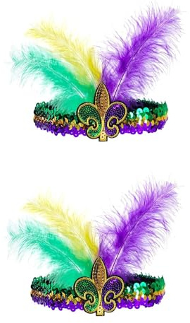 MEISH Mardi Gras Headband Sequin Faux Feather Fascinators Headpieces Masquerade Mask Party Fleur De Lis Hair Band for Women Girls(2)