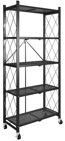 SBCWH Zusammenklappbare Lagerregale mit Rädern, 5-stufiges Freistehendes Metalldrahtregal, leicht zu Bewegende Organizer-Regale für Garage, Küche, Keller, Speisekammer, Büro