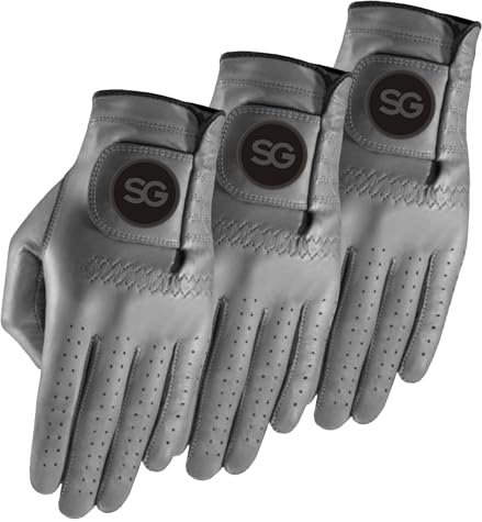 3 Stück Cabretta Leder Herren Golfhandschuhe für alle Wetterbedingungen Soft Feel Grip, Atmungsaktiv & Bequem Linksund Rechtshänder Golfer Lebendige Farben (Grau, Medium,