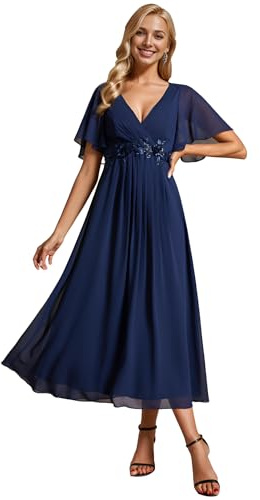Ever-Pretty Women's V-Neck Short Sleeves Pleated A-Line Champagne Bridesmaid Dresses Wedding Guest Navy Blue 18UK