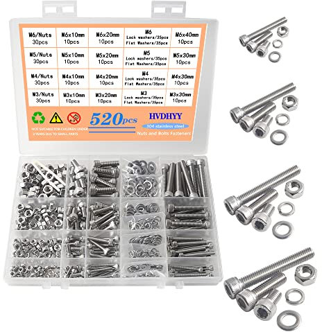 HVDHYY M3 M4 M5 M6 Nut and Bolt set Machine Screws & Nuts & Washers Assortment kit 304 Stainless Steel Hex Socket Button with a Reusable Storage Box (520pcs)