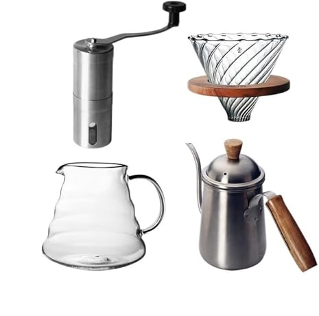 ruyi-1986 Bouilloire à Café Ensemble de cafetière avec Manche en Bois en Acier Inoxydable, broyeur Manuel, Machine à Grains de café en Verre, Filtre épais, Tasse de Partage Cafetière