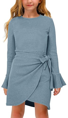Haloumoning Abito da ragazza, a maniche lunghe, elegante, con volant, girocollo, per bambini, tinta unita, Blu, 13-14 Anni