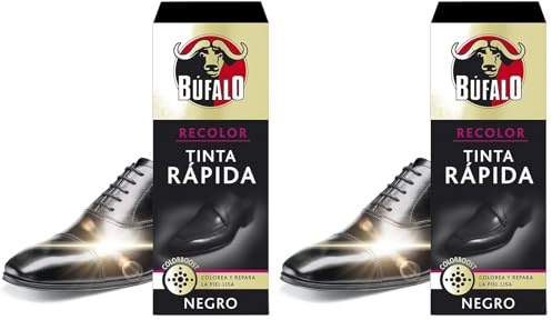Bufalo Recolor - Tinta Rápida, Colorea y Reaviva la Piel Lisa, Reparaciones y Arreglos de Calzado, Color Negro - Frasco de 25ml (Paquete de 2)